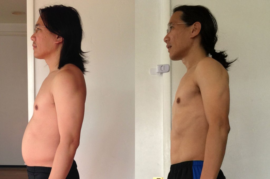 I might be pushing out the gut out a little bit in the before image, but the stomach had definitely gotten a little paunchy. It's in a much flatter state now!