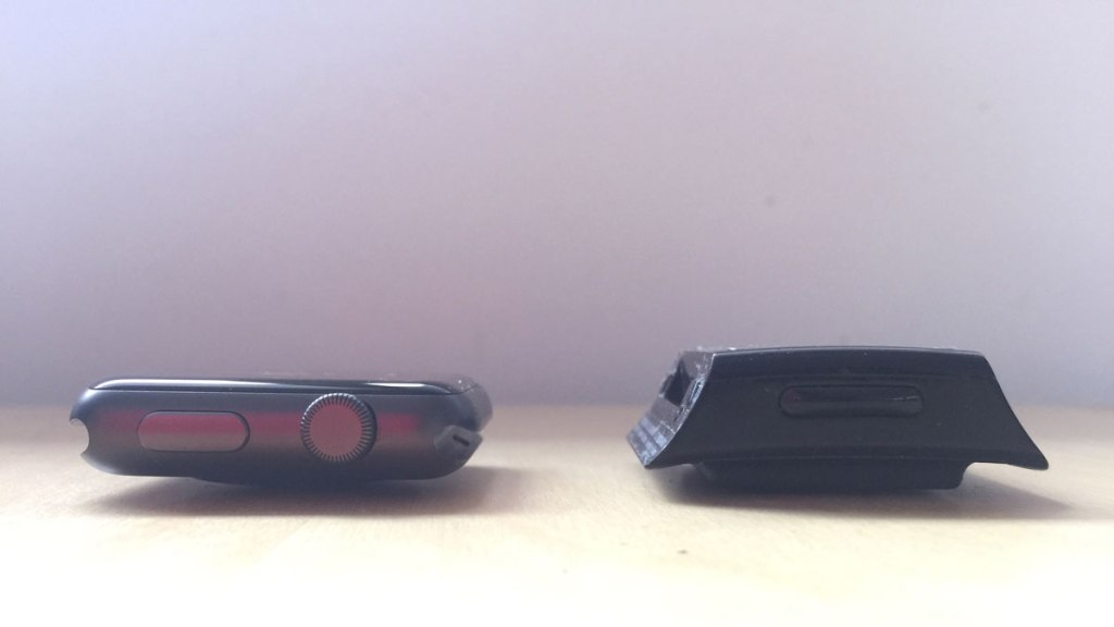 The Apple Watch is slimmer than the Basis B1 Band.