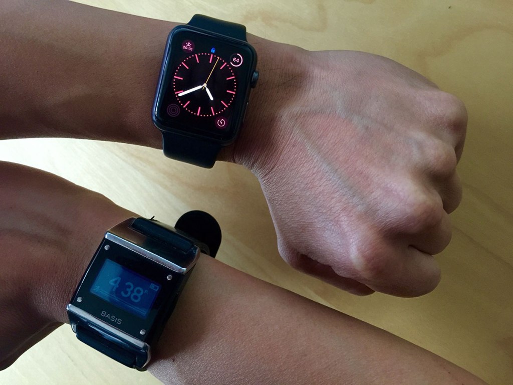 It's all on the wrist. The Apple Watch and the Basis B1 Band.