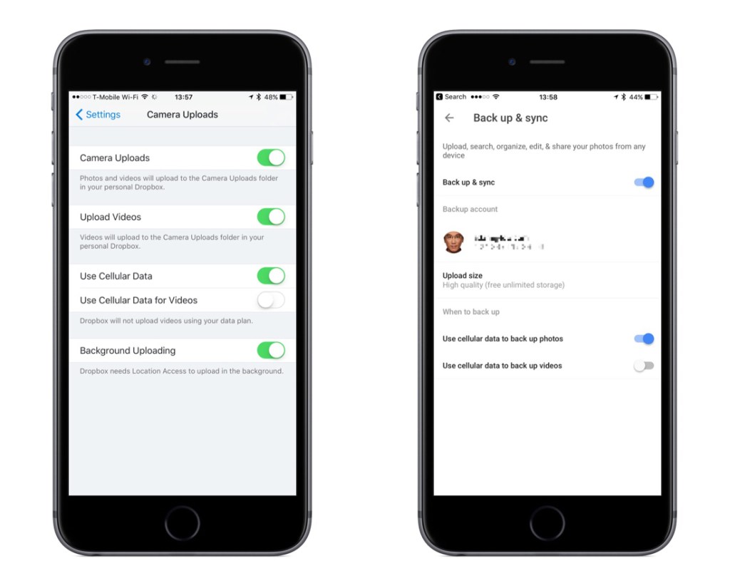 Sync settings for Dropbox and Google Photos allow for photo uploads via cellular.