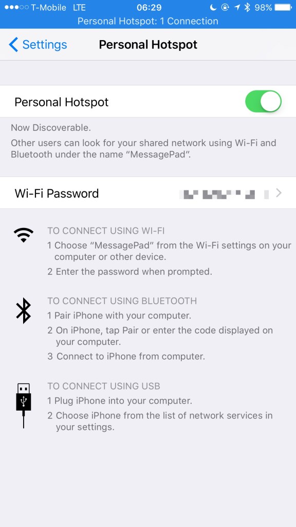 Personal Hotspot settings page on iOS