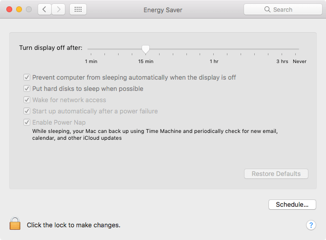Ensure your Mac server starts up automatically after a power failure in Energy Saver settings.