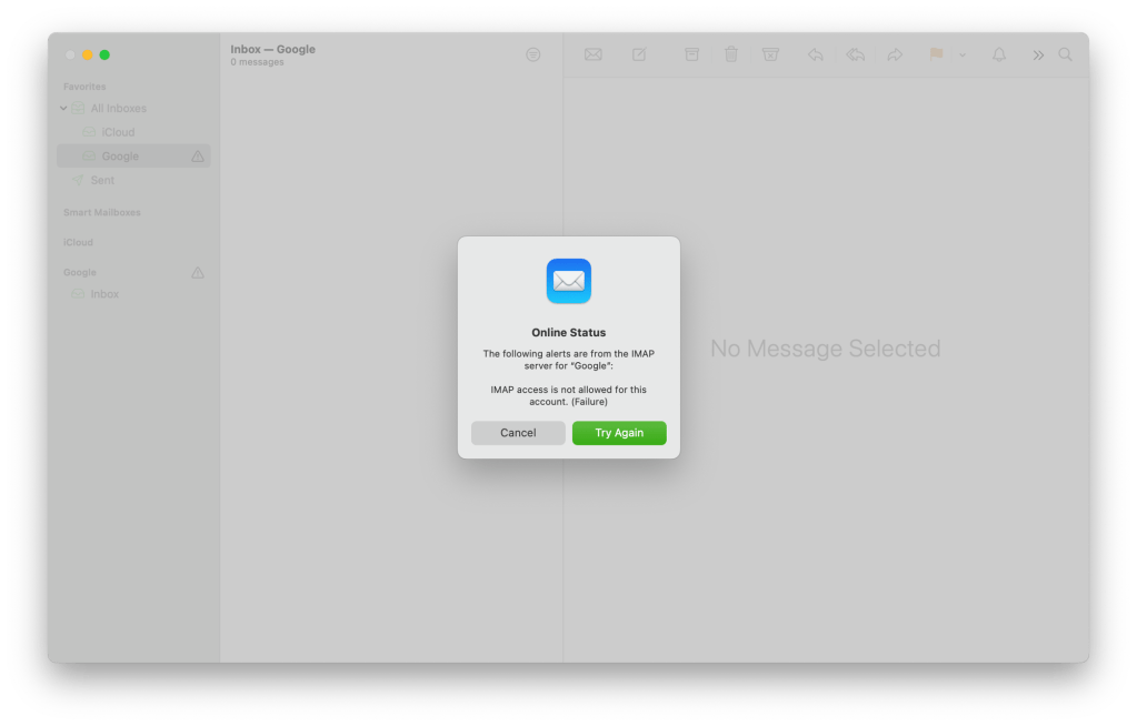 Under-13 Gmail accounts in Google Family Groups block IMAP protocol, preventing the use of macOS&nbsp;Mail