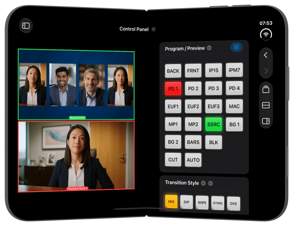 A digital control panel interface showing a video switching setup with multiple camera feeds and playback options.